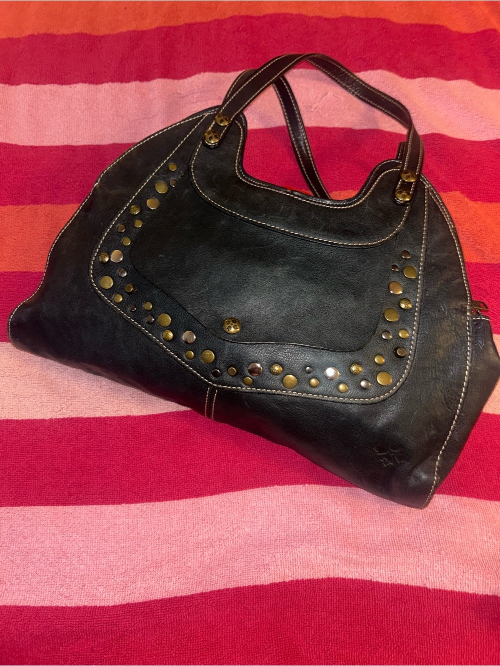 Patricia Nash Black Italian Leather Studded Shoulder Bag